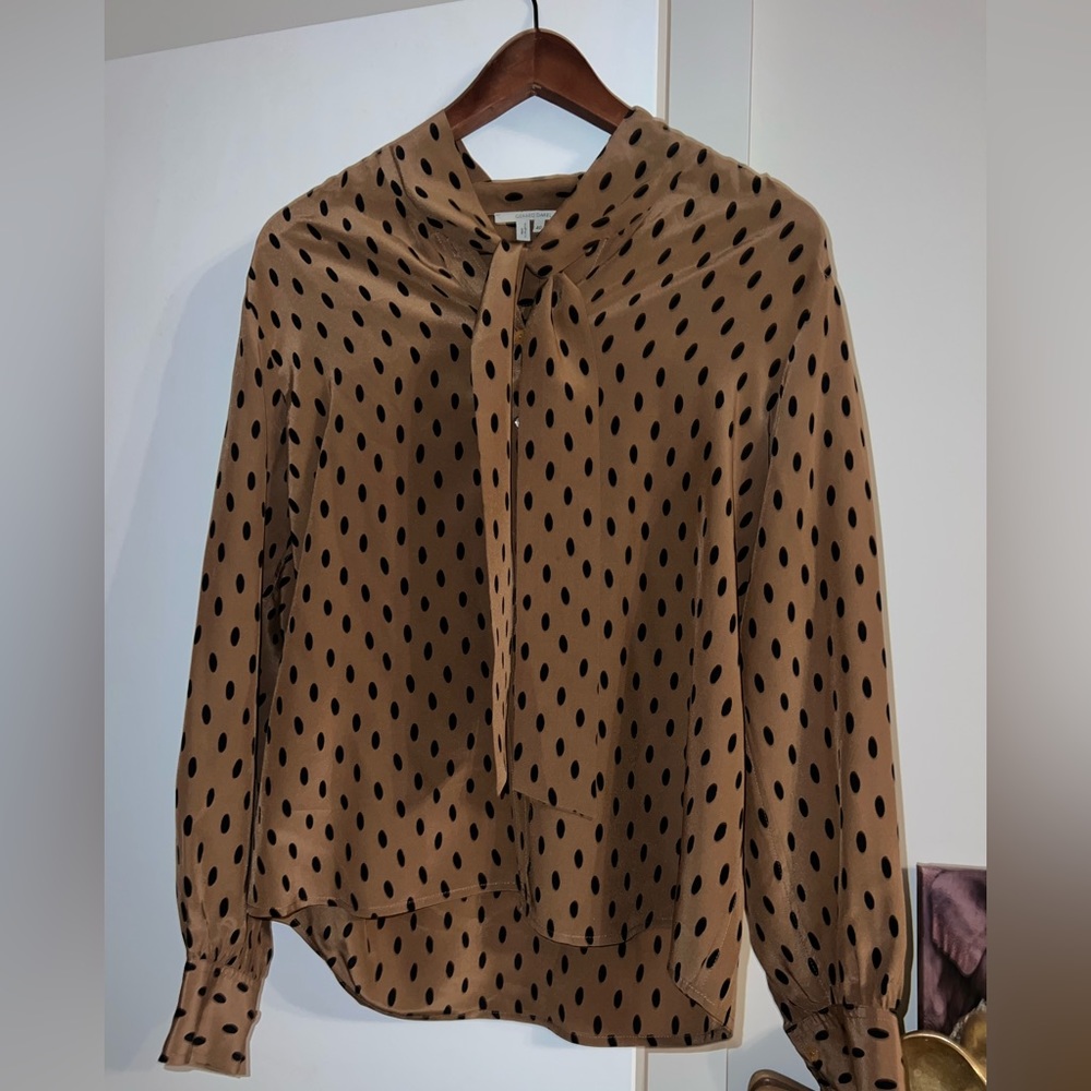 Gerard Darlene button Dow blouse. Tan with black polka dots, with 2 front ties